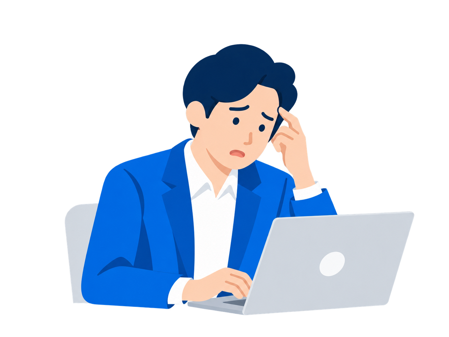 頭に手を添え、AI検索への対応に悩む担当者